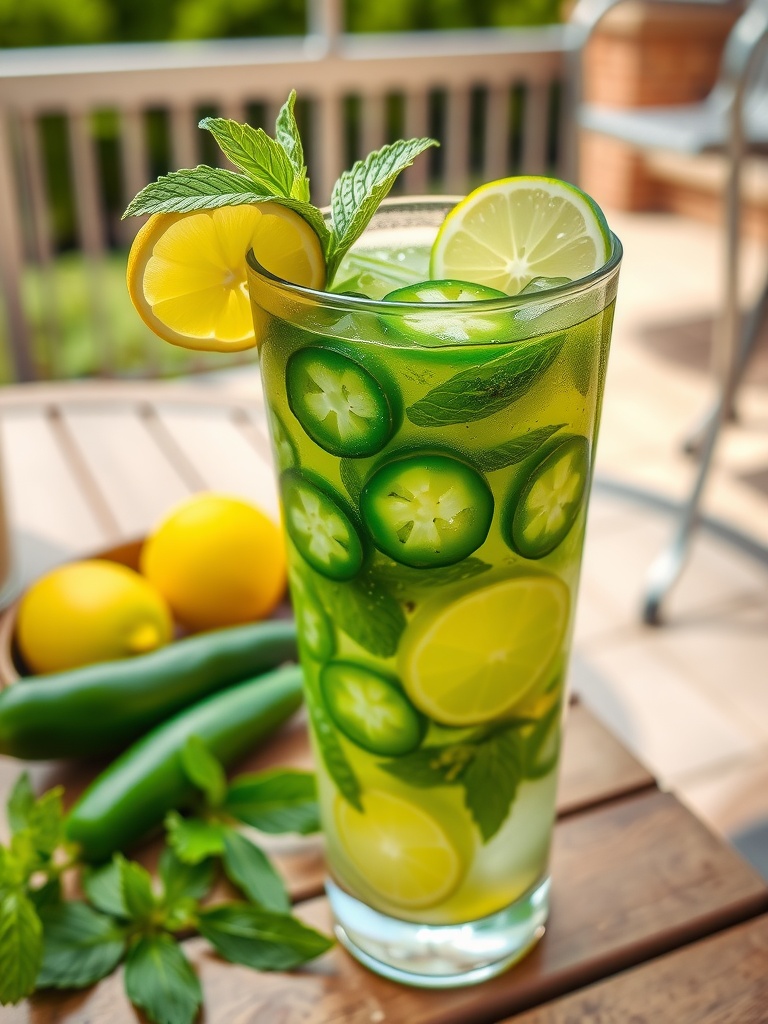 A refreshing spicy jalapeño mojito in a glass, garnished with mint and lime on a sunny patio.